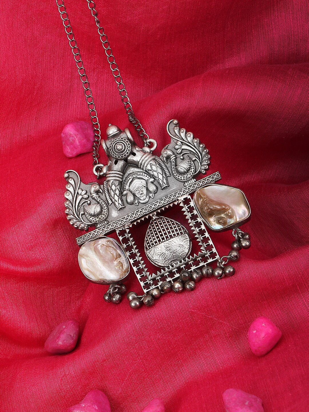 

Adwitiya Collection Silver-Plated Oxidised Stone Studded Pendant With Chain