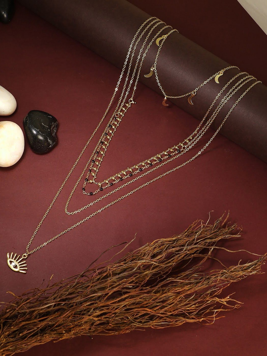 

Adwitiya Collection Brass Gold-Plated Evil Eye Layered Chain