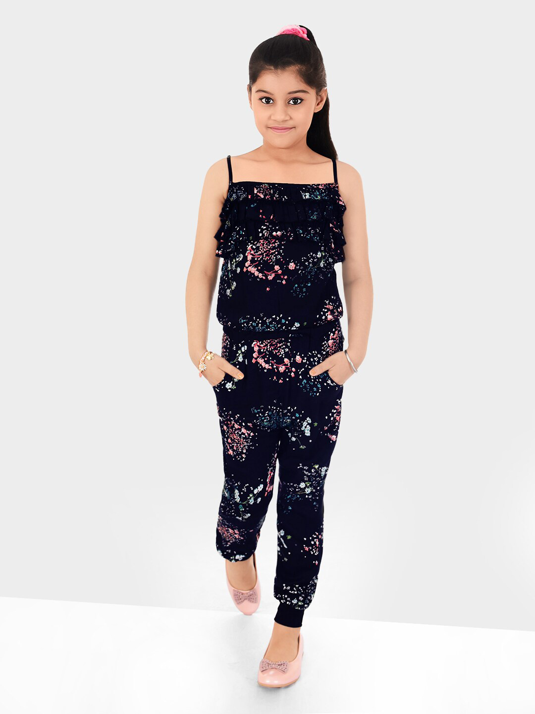 

BAESD Girls Printed Basic Jumpsuit with Ruffles, Navy blue