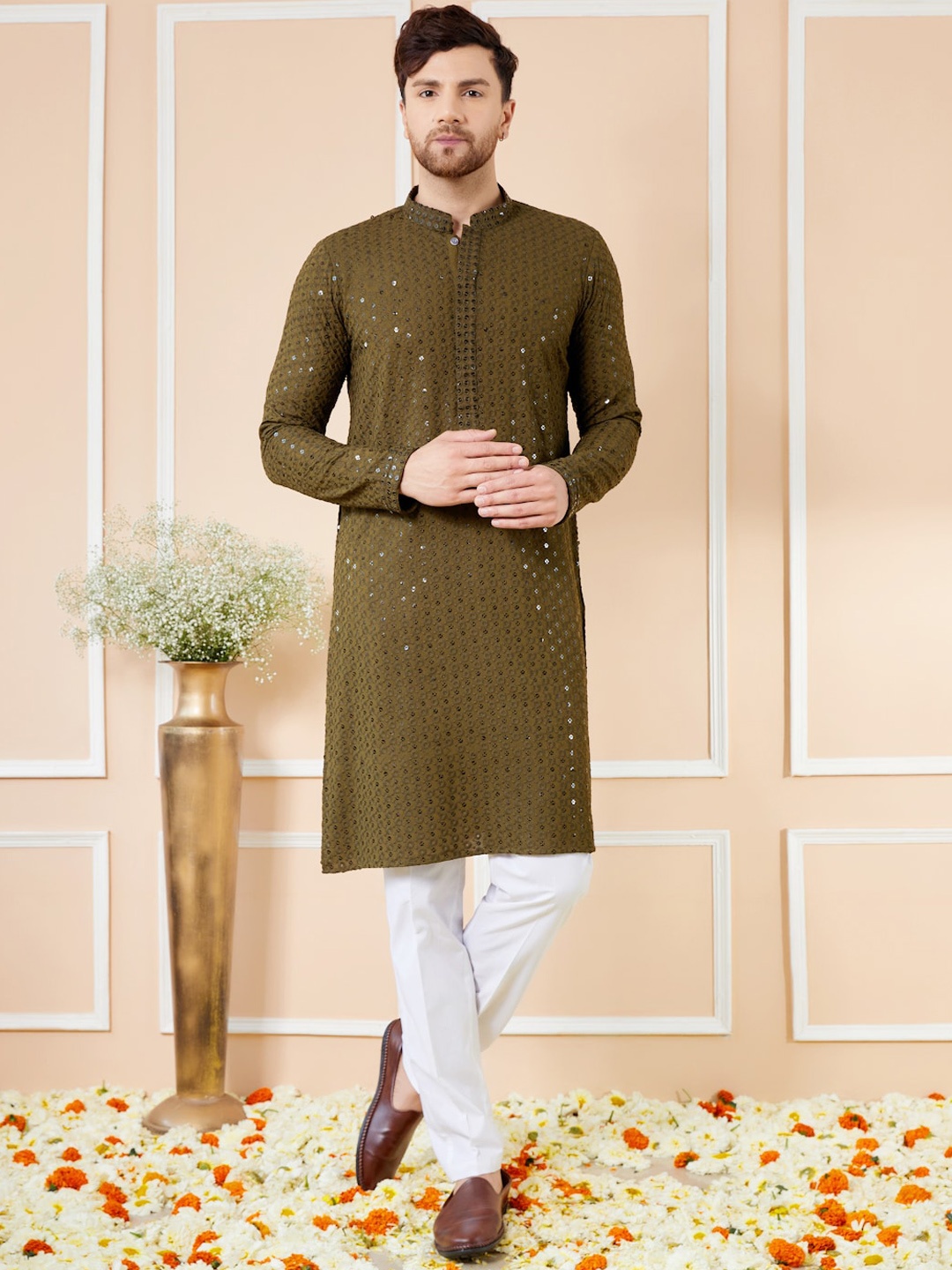 

See Designs Floral Thread Work Pathani Kurta, Olive
