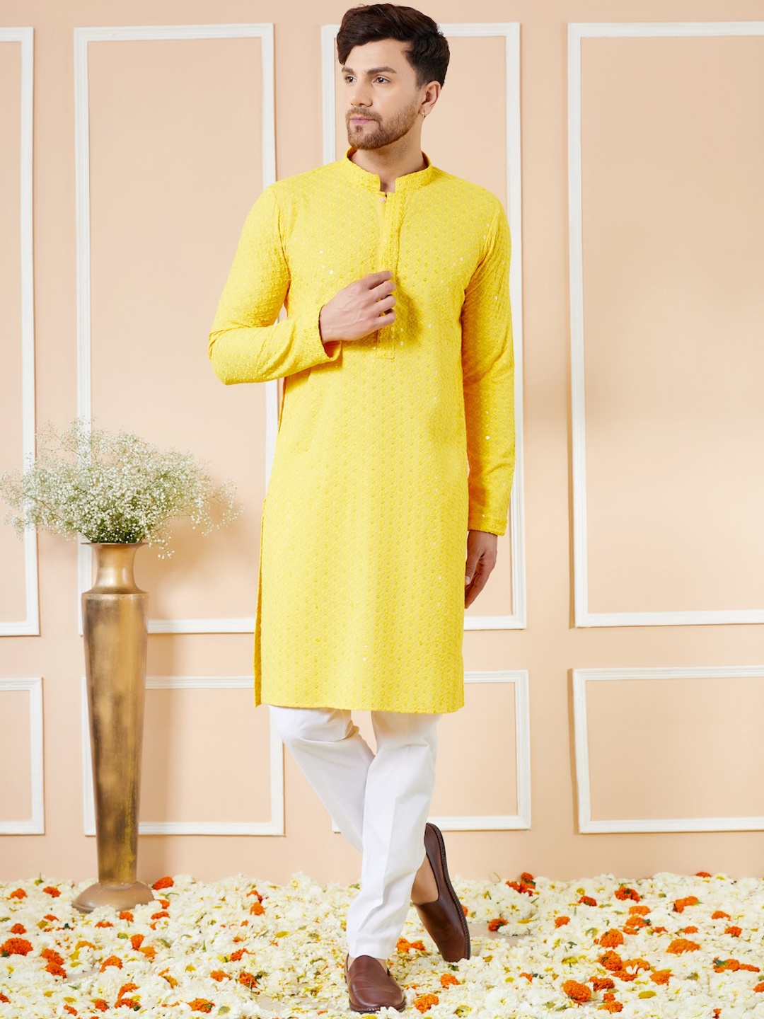

See Designs Floral Thread Work Kurta, Yellow