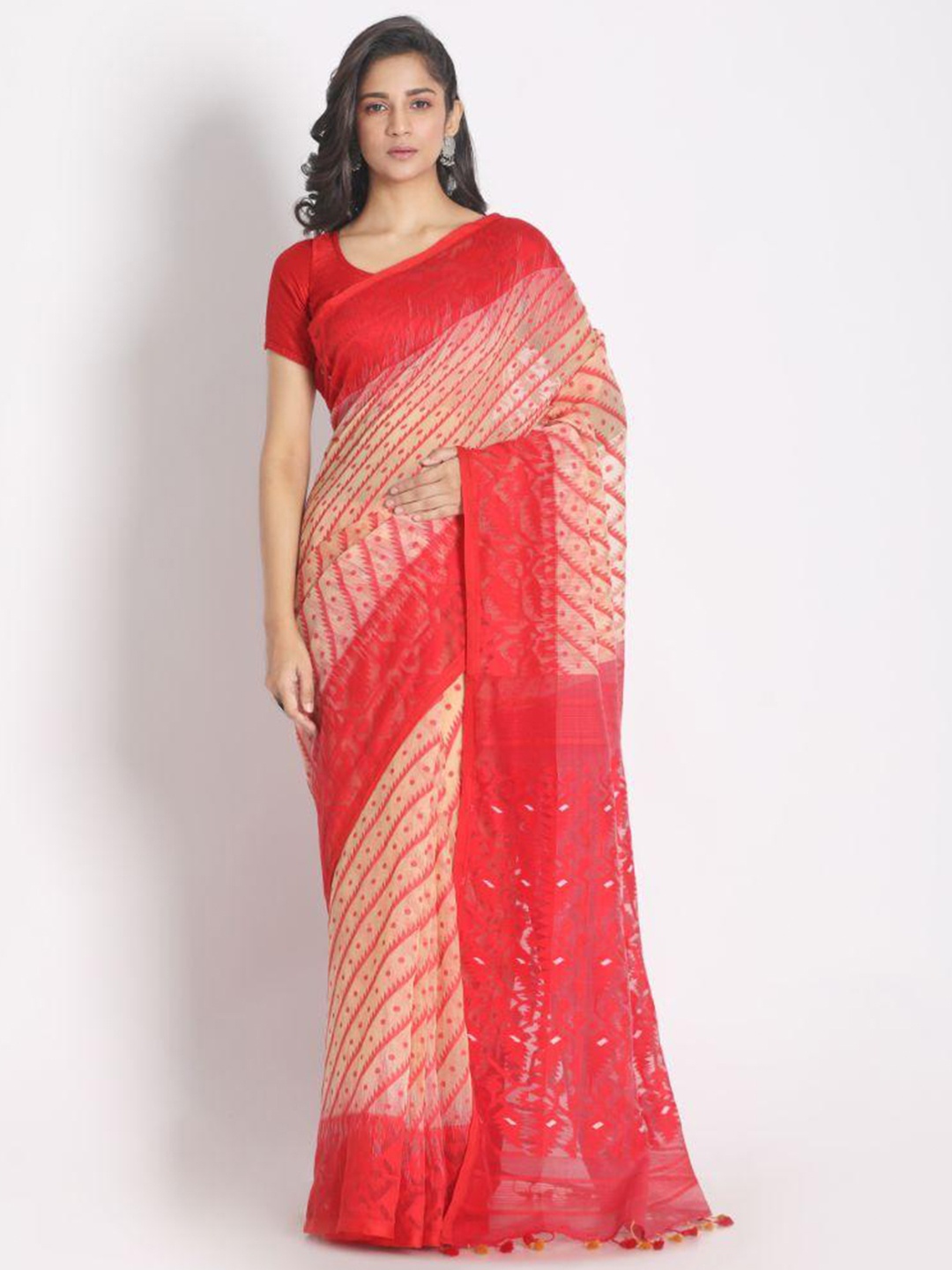 

Angoshobha Striped Woven Design Jamdani Saree, Beige