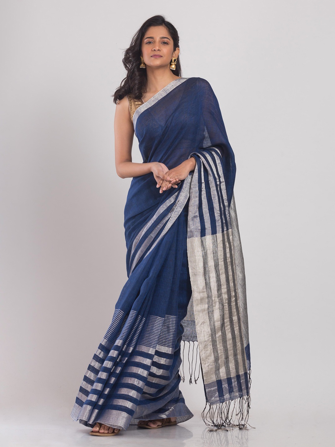 

Angoshobha Zari Pure Linen Saree, Blue