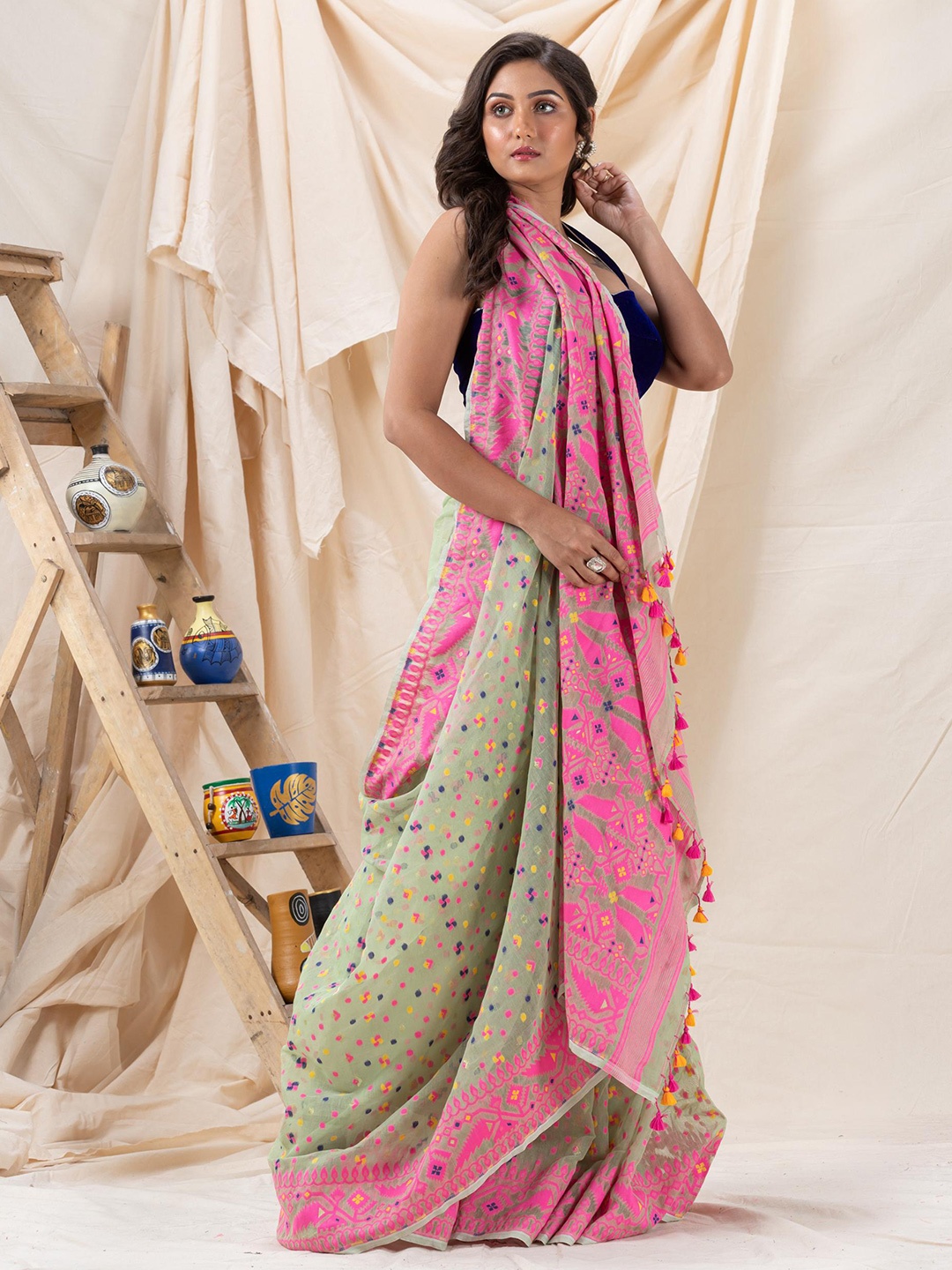 

Angoshobha Ethnic Motifs Woven Design Jamdani Saree, Green