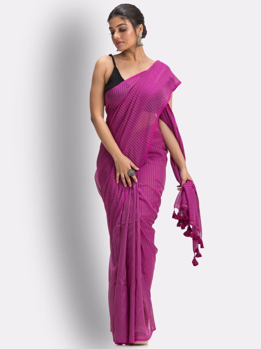 

Angoshobha Striped Pure Cotton Saree, Purple