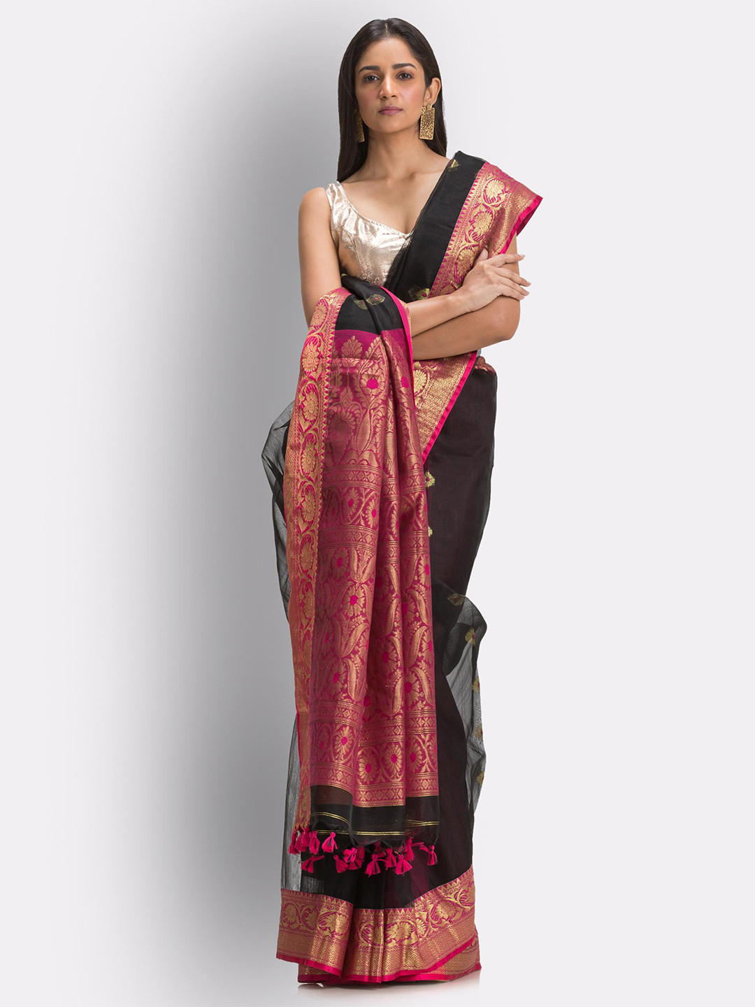 

Angoshobha Ethnic Motifs Woven Design Zari Art Silk Saree, Black
