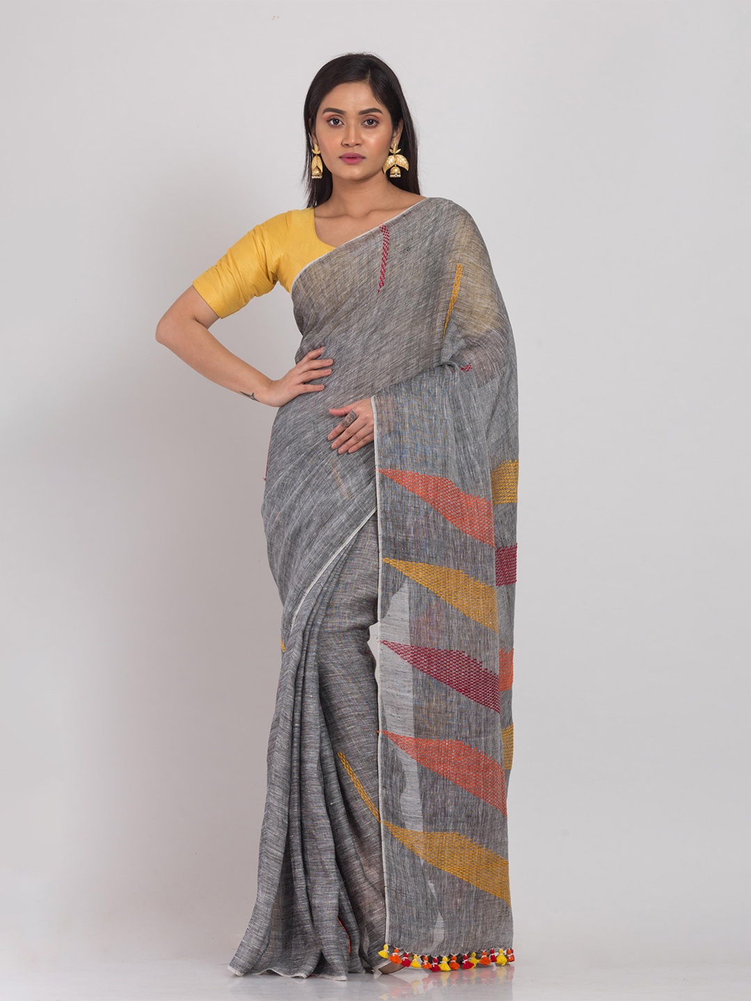 

Angoshobha Woven Design Pure Linen Saree, Grey