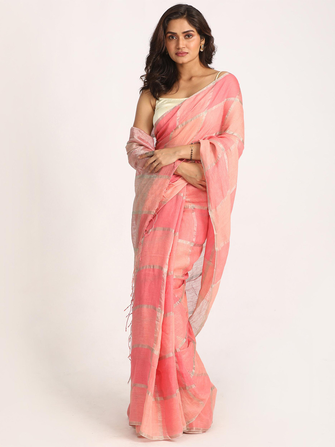 

Angoshobha Striped Woven Design Pure Linen Zari Saree, Pink
