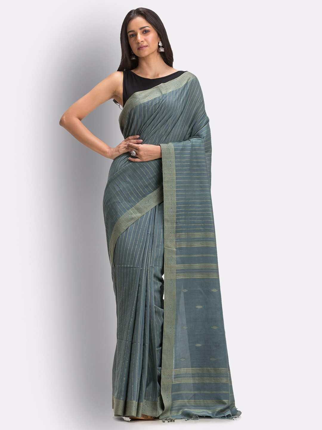 

Angoshobha Striped Woven Design Pure Cotton Saree, Teal