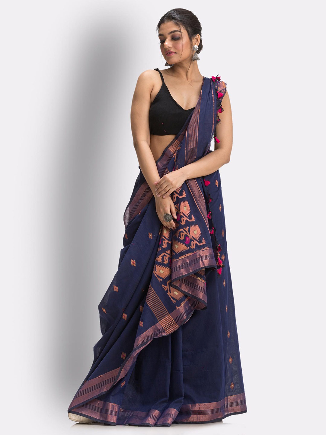 

Angoshobha Ethnic Woven Design Zari Pure Cotton Saree, Blue
