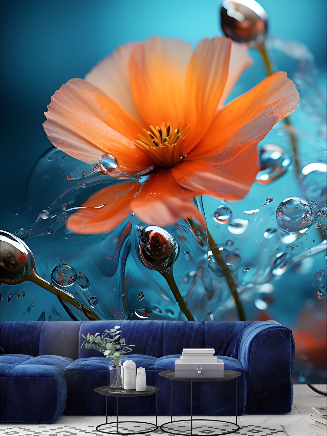 

KSHIRSA Blue & Orange-Coloured Floral Printed 3D Self Adhesive Wall Sticker