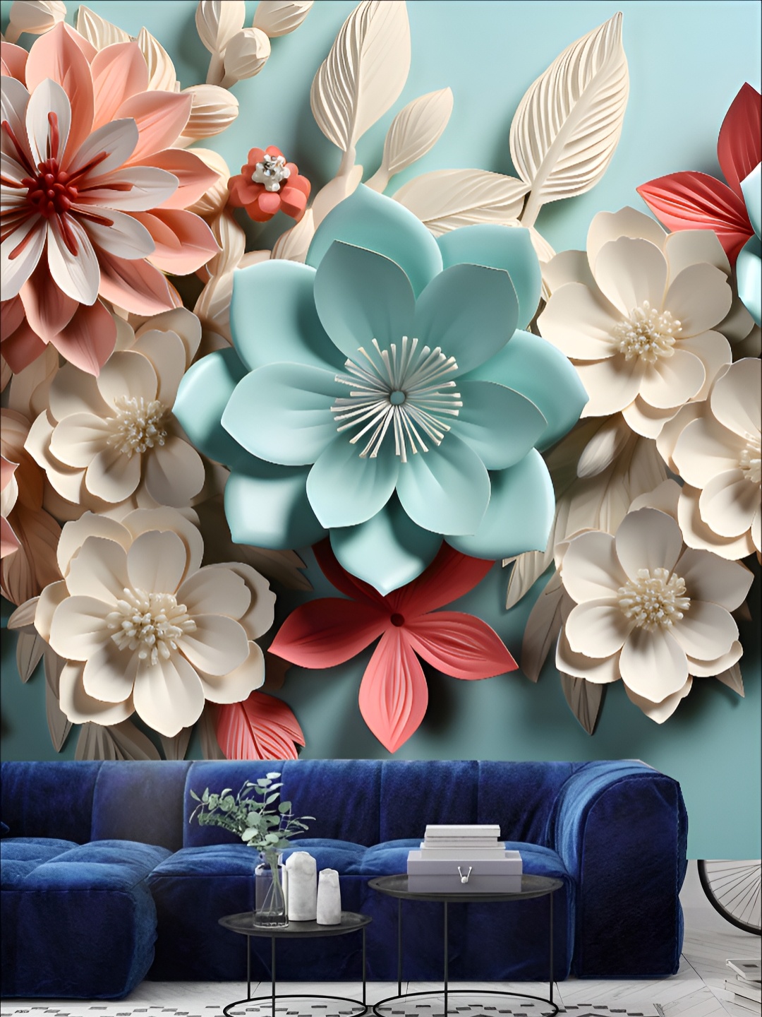 

KSHIRSA Blue & Beige Floral Printed 3D Self Adhesive Wallpaper