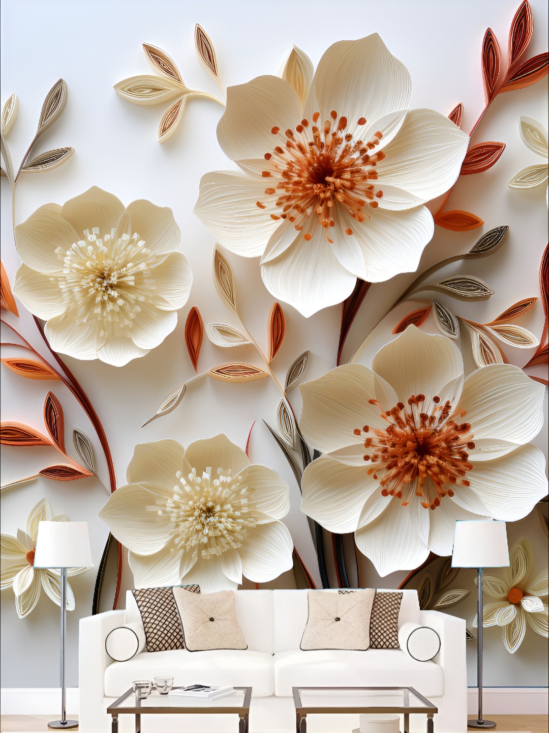 

KSHIRSA Cream Coloured & Orange Coloured 3D Printed Self-Adhesive Wallpaper, White