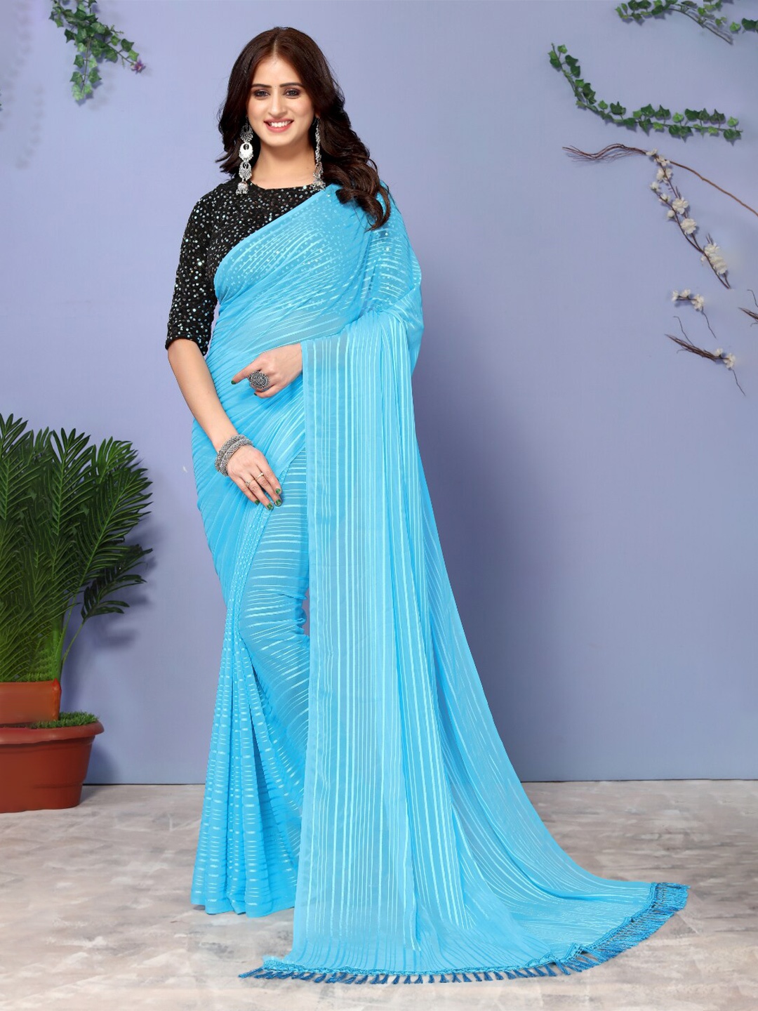 

KAZIA Striped Poly Georgette Saree, Turquoise blue