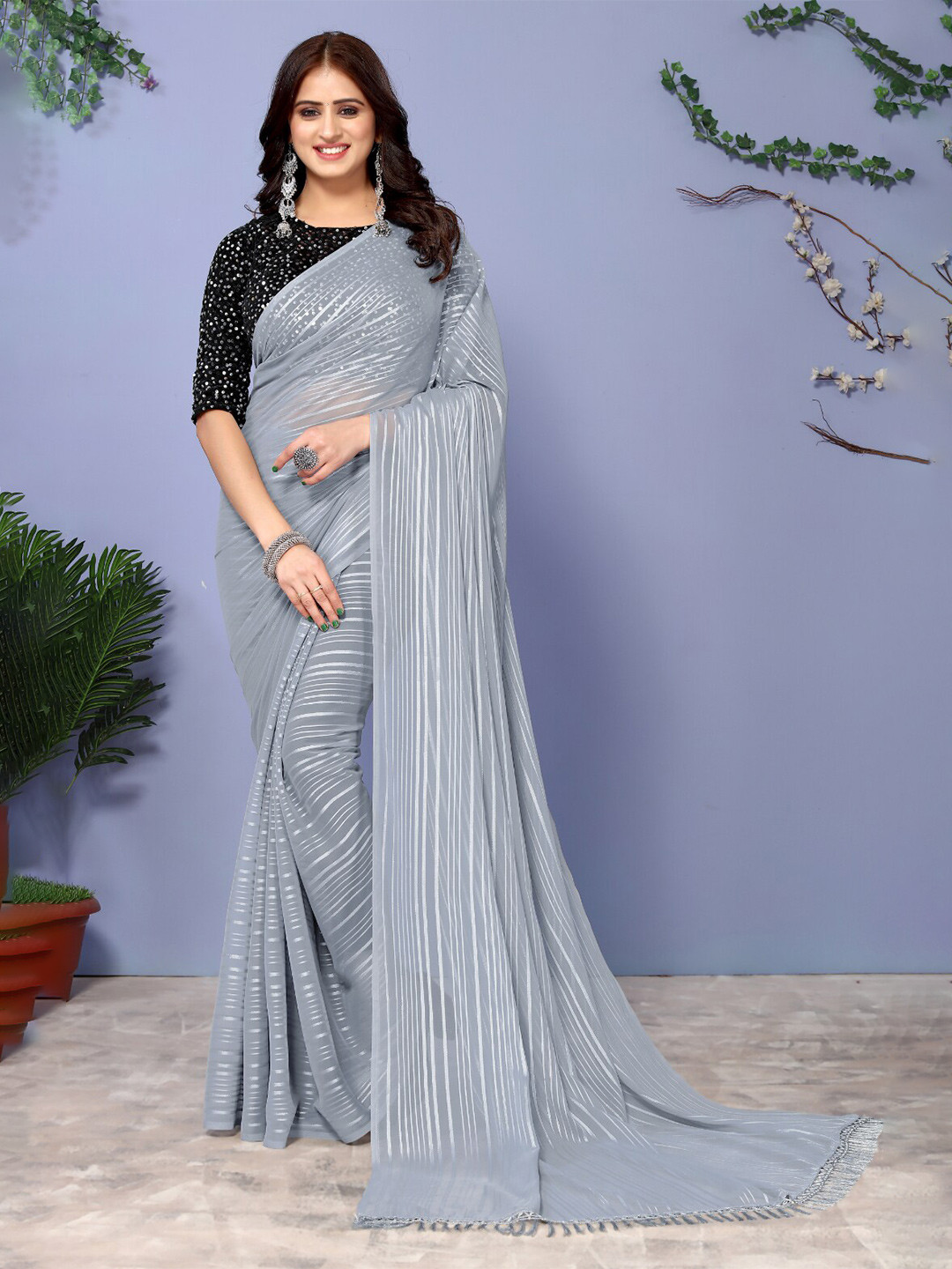 

KAZIA Striped Poly Georgette Saree, Grey