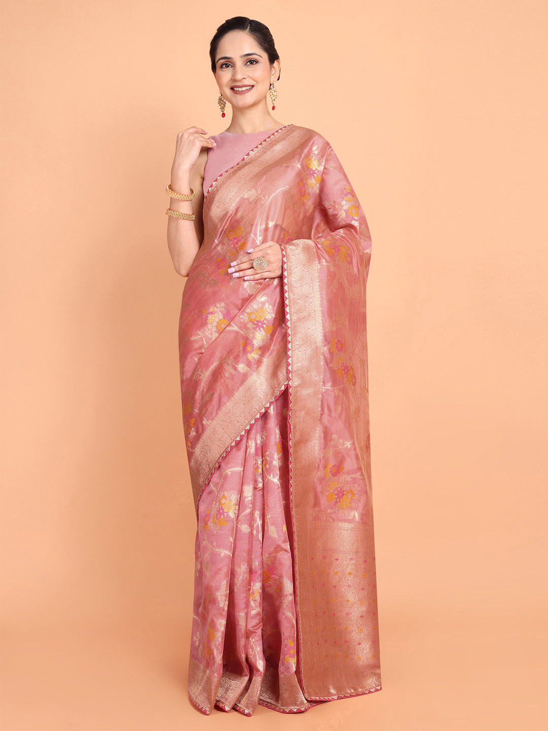 

KAZIA Floral Woven Design Zari Organza Banarasi Saree, Pink