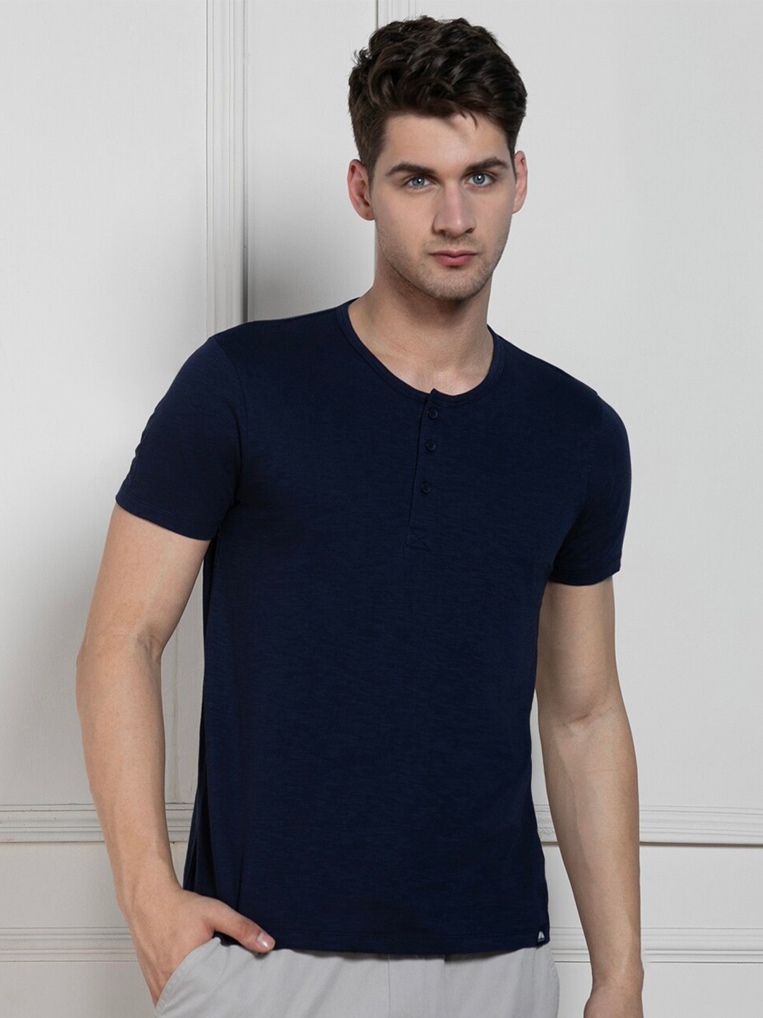 

Dennis Lingo Henley Neck Cotton T-shirt, Navy blue