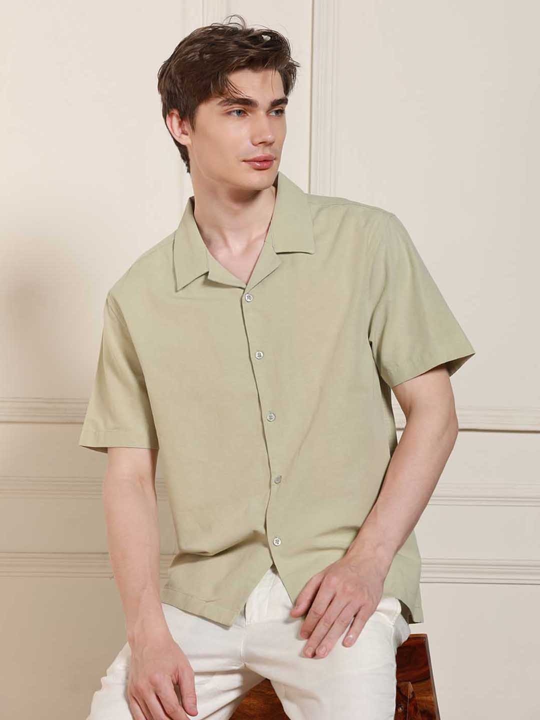

Dennis Lingo Relaxed fit Cuban Collar Cotton Shirt, Green