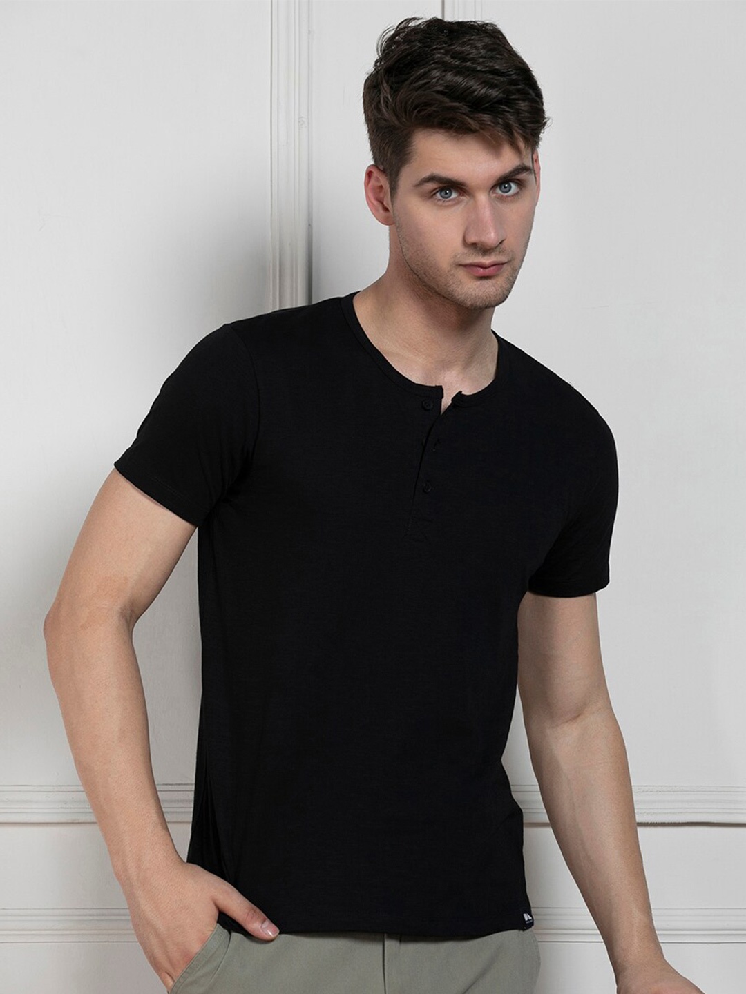 

Dennis Lingo Henley Neck Cotton T-shirt, Black