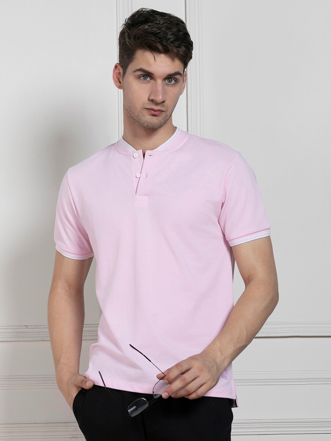 

Dennis Lingo Henley Neck Cotton T-shirt, Pink