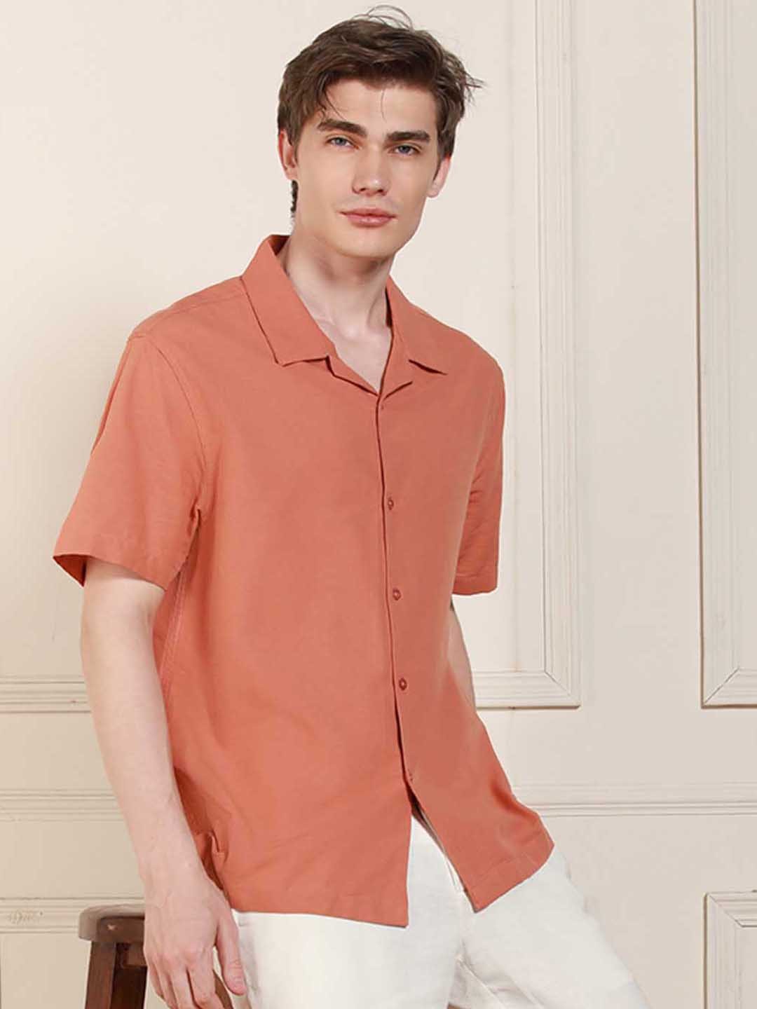 

Dennis Lingo Relaxed fit Cuban Collar Cotton Shirt, Orange
