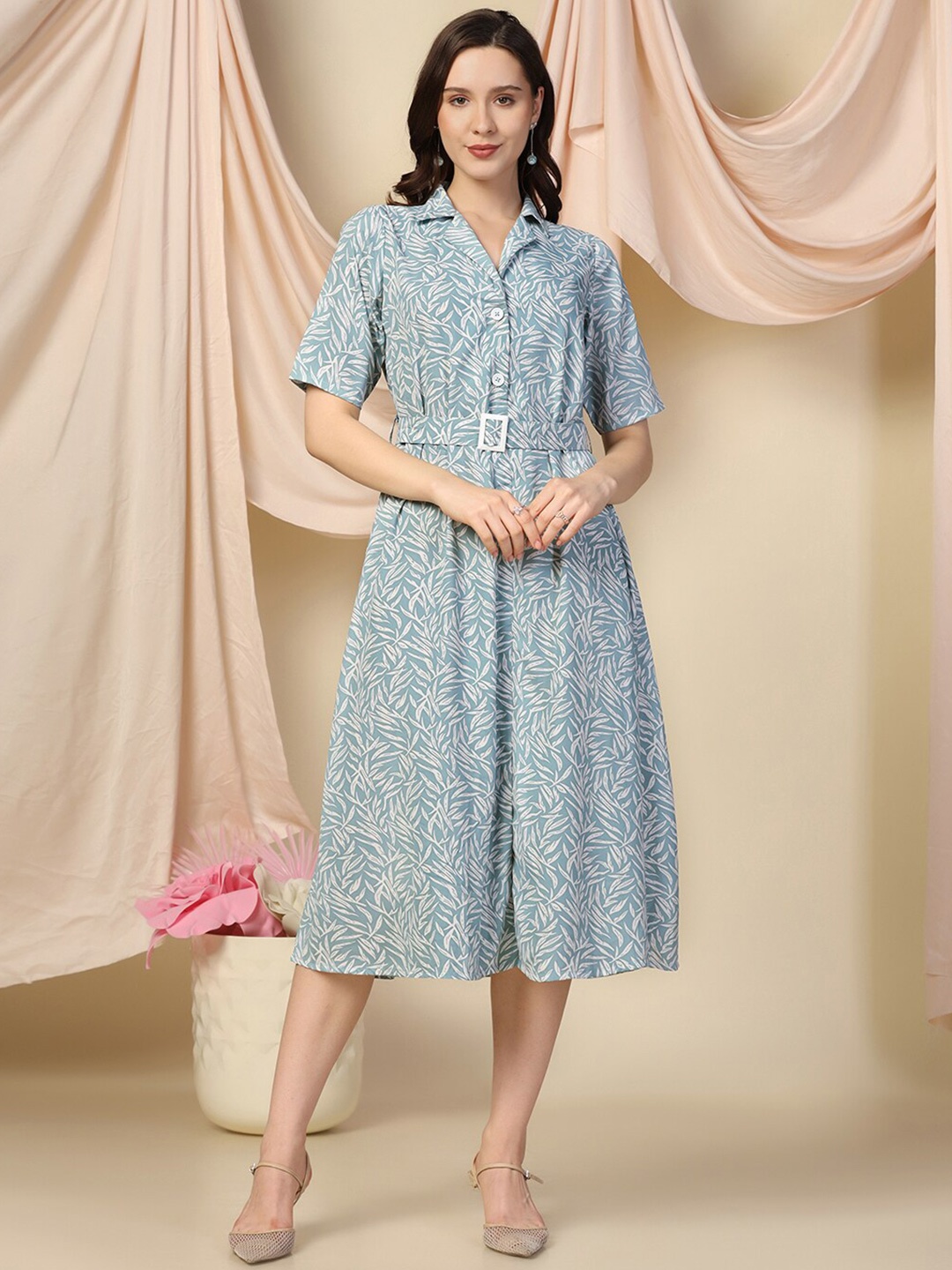

FASHION DREAM Floral Printed A-Line Midi Dress, Sea green