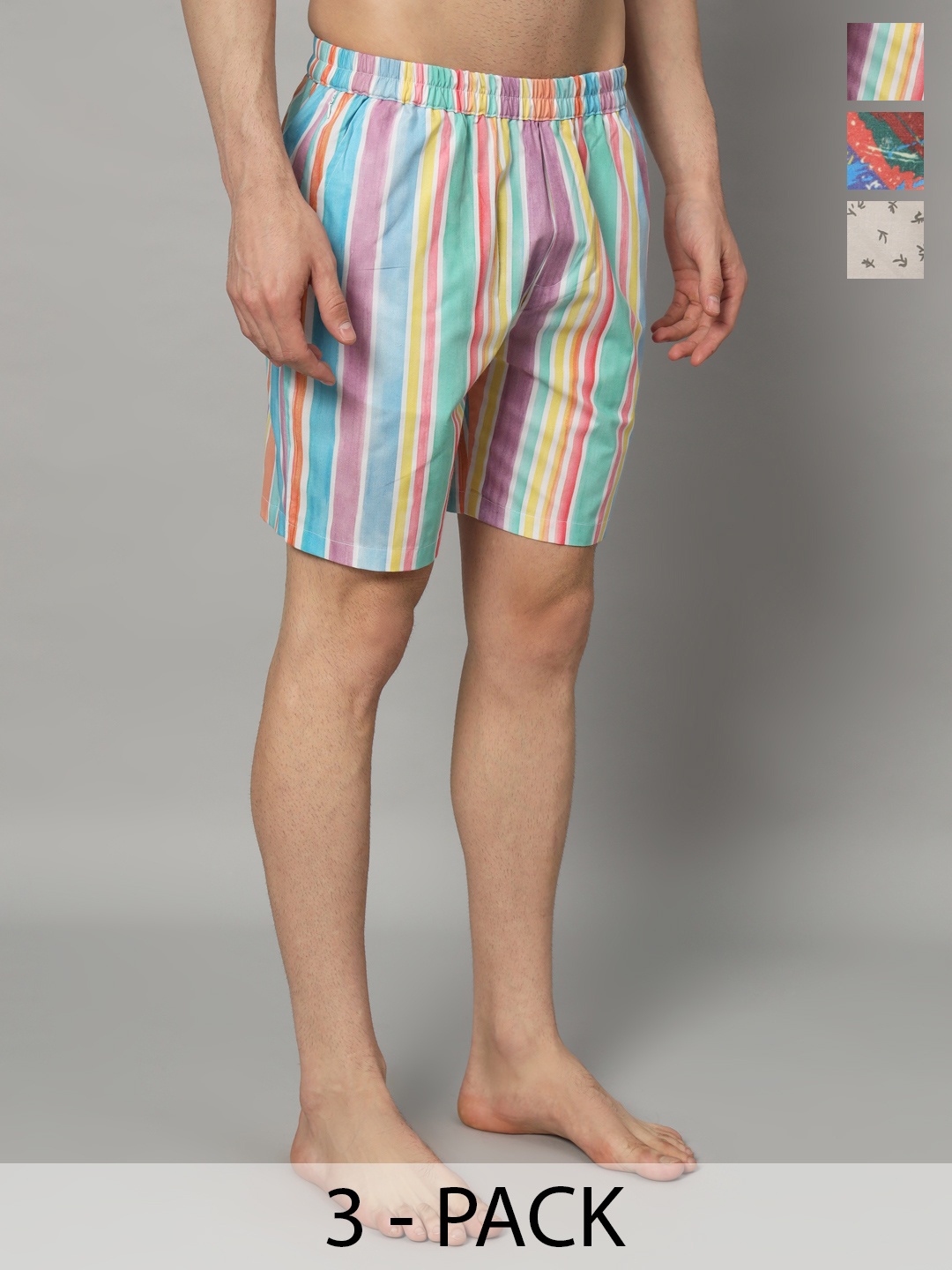 

OWO THE LABEL Men Pack Of 3 Printed Pure Cotton Boxers, Blue