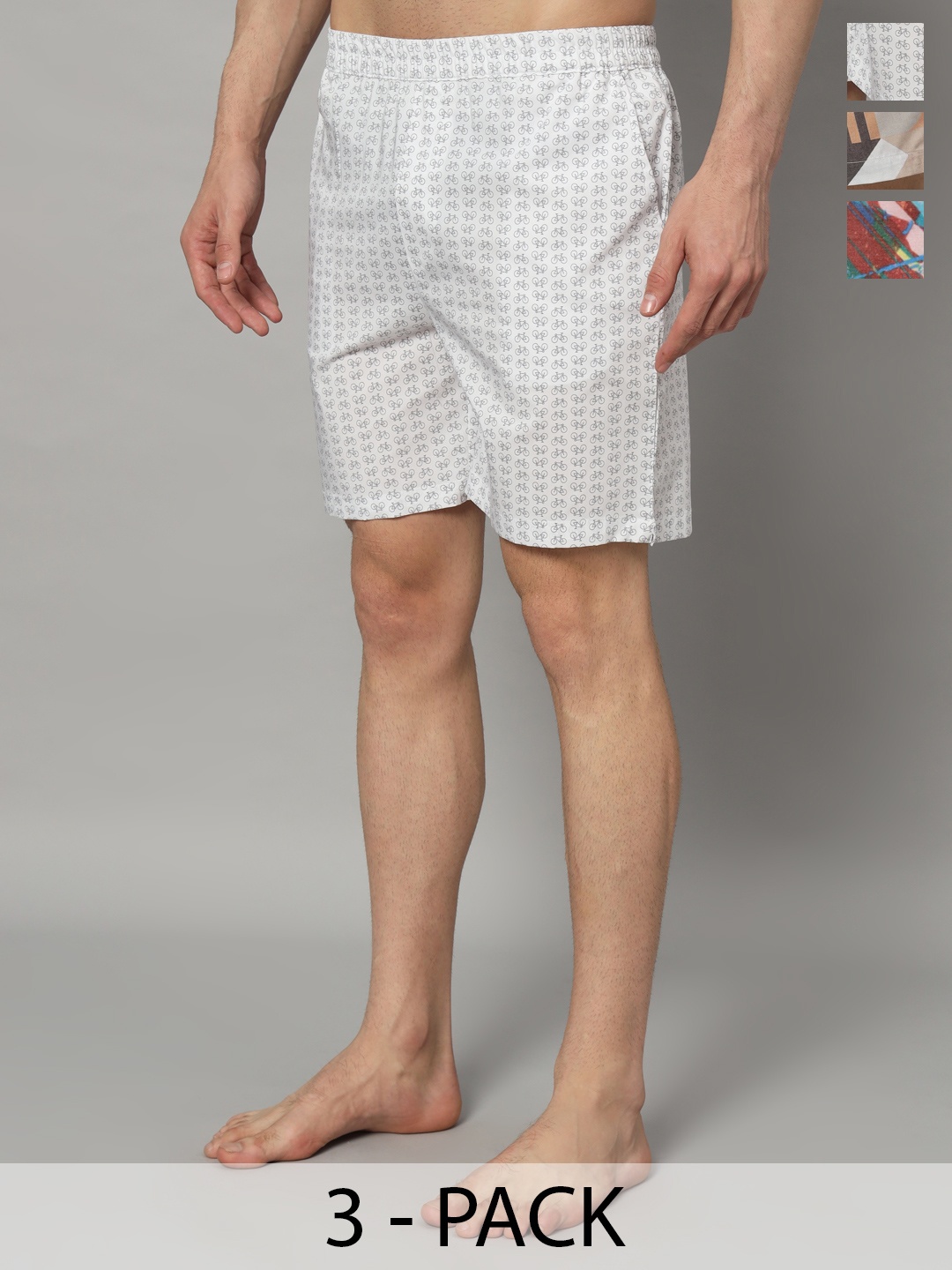 

OWO THE LABEL Men Pack of 3 Printed Pure Cotton Mid-Rise Boxers, White