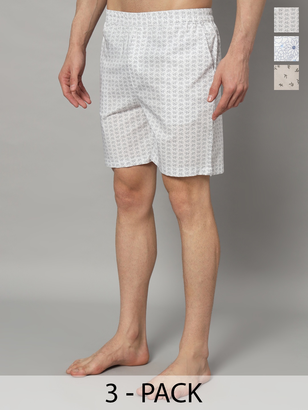 

OWO THE LABEL Men Pack Of 3 Printed Pure Cotton Boxers, White
