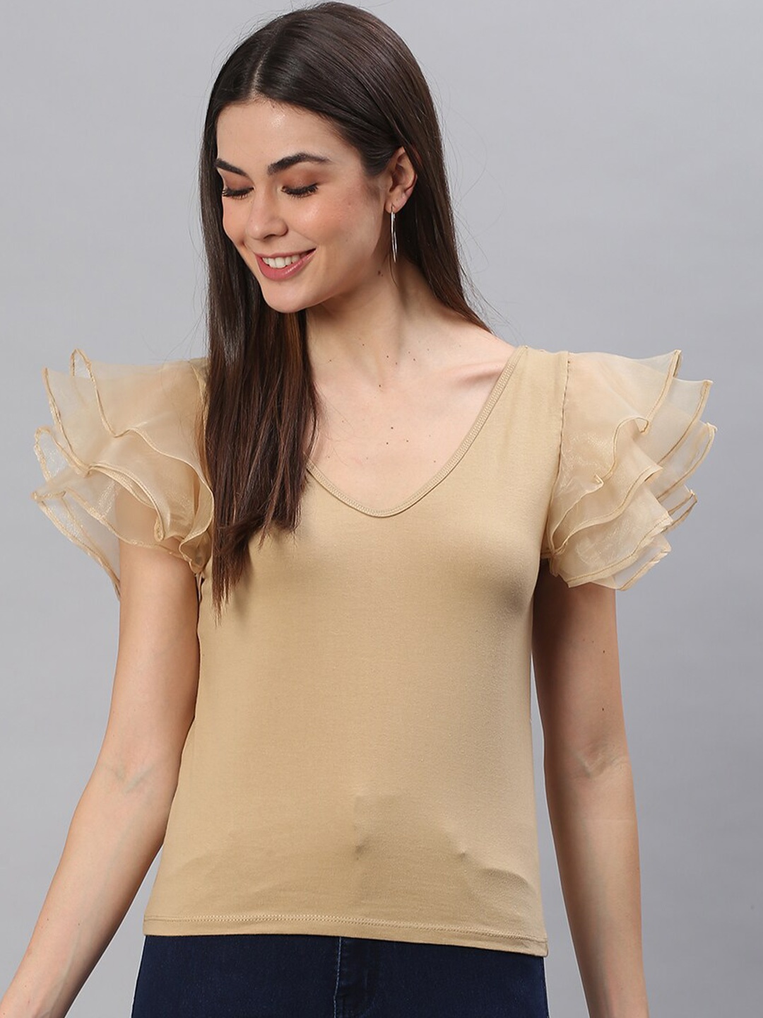 

BAESD V-Neck Flutter Sleeves Top, Gold