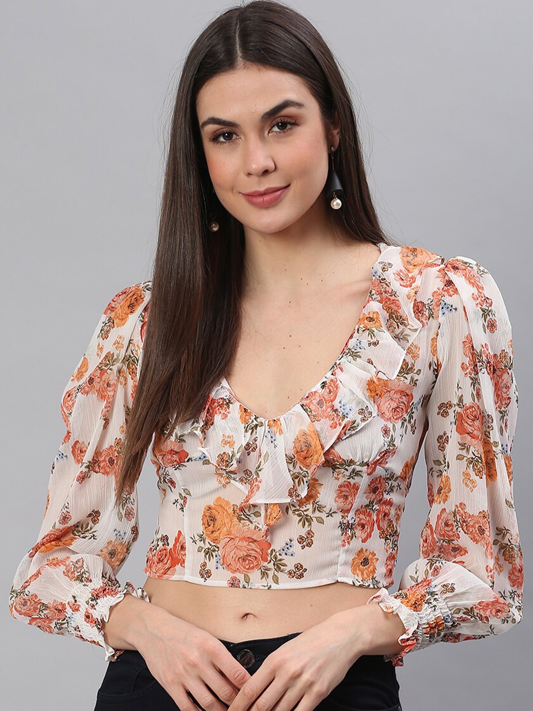 

BAESD Floral Print Puff Sleeve Ruffles Smocked Chiffon Fitted Crop Top, White