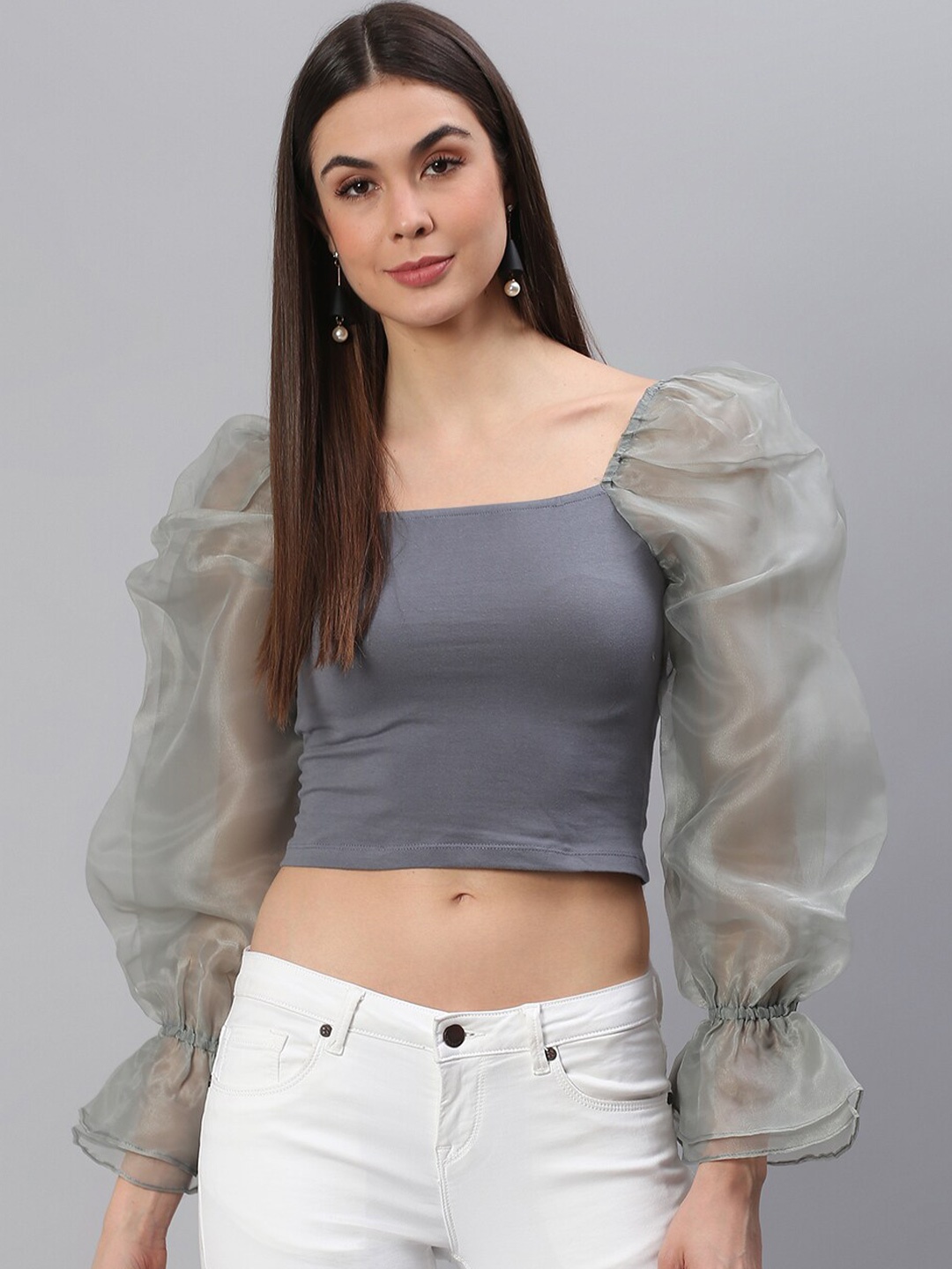 

BAESD Long Sleeves Puff Sleeve Crop Top, Grey