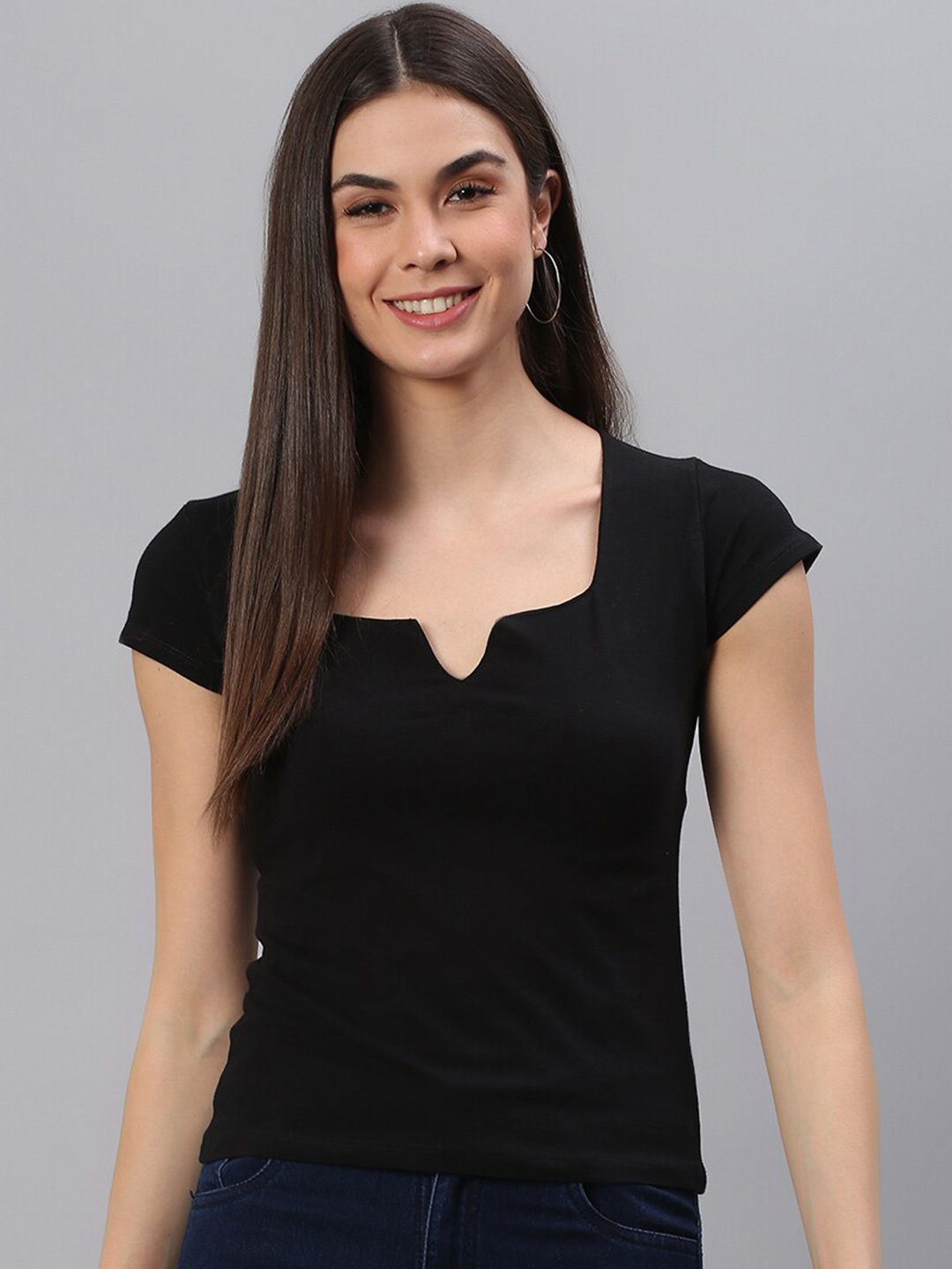 

BAESD Square Neck Cap Sleeves Regular Top, Black