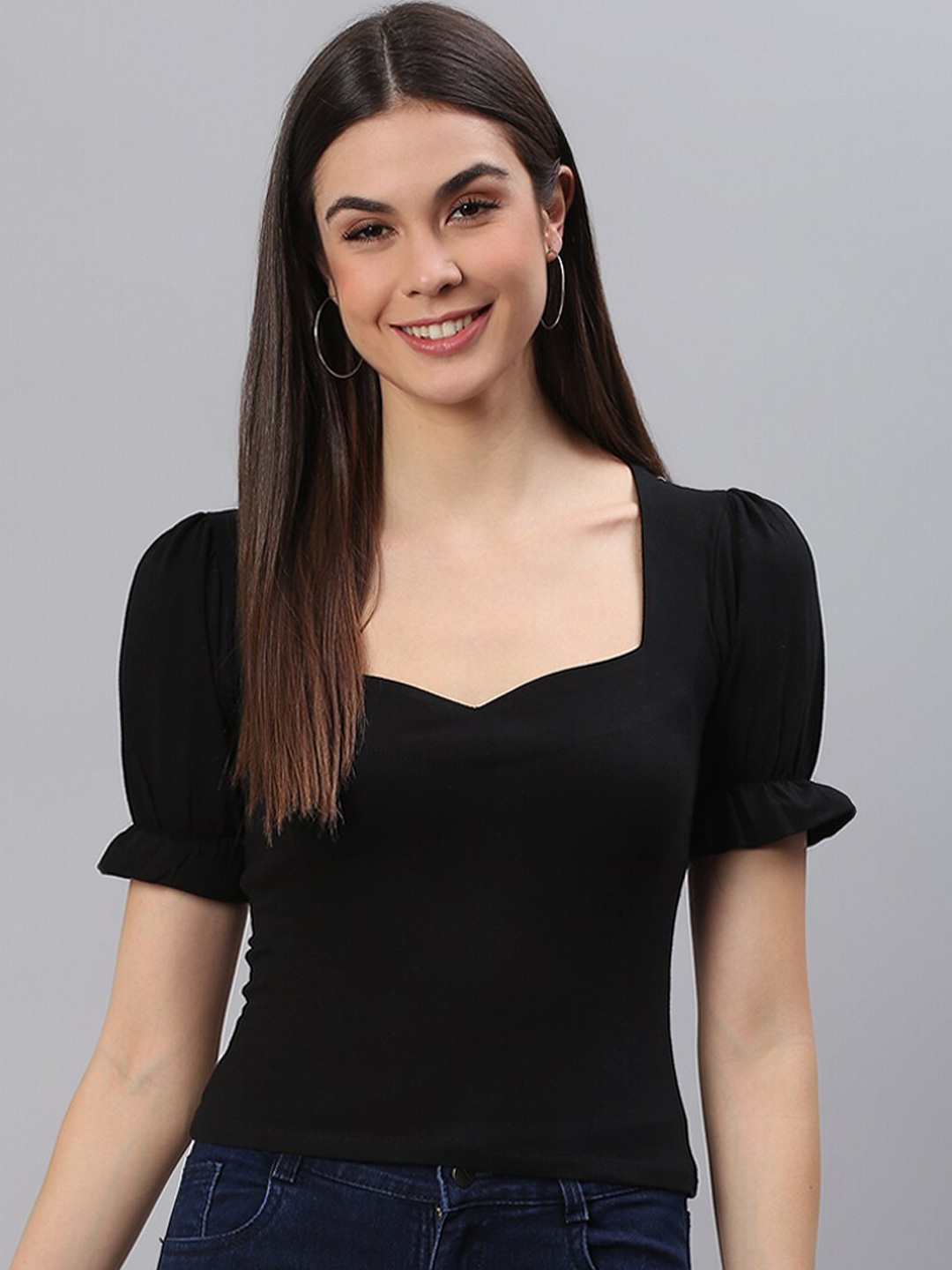 

BAESD Sweetheart Neck Puff Sleeves Fitted Top, Black