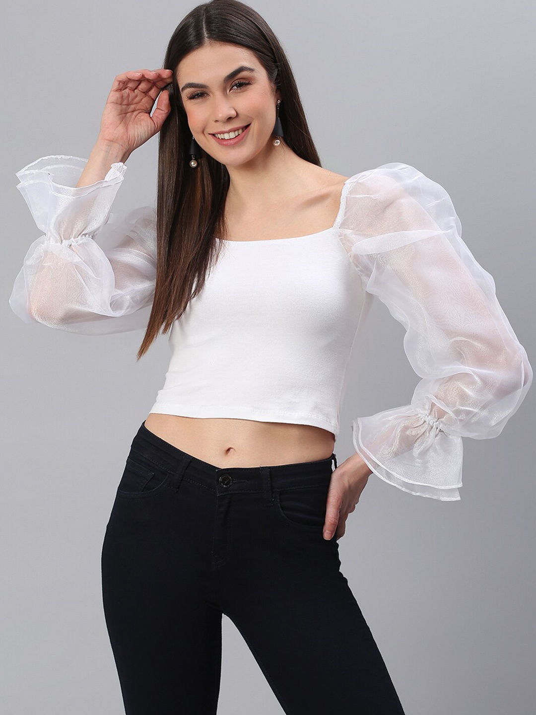 

BAESD Square Neck Bell Sleeve Fitted Crop Top, White