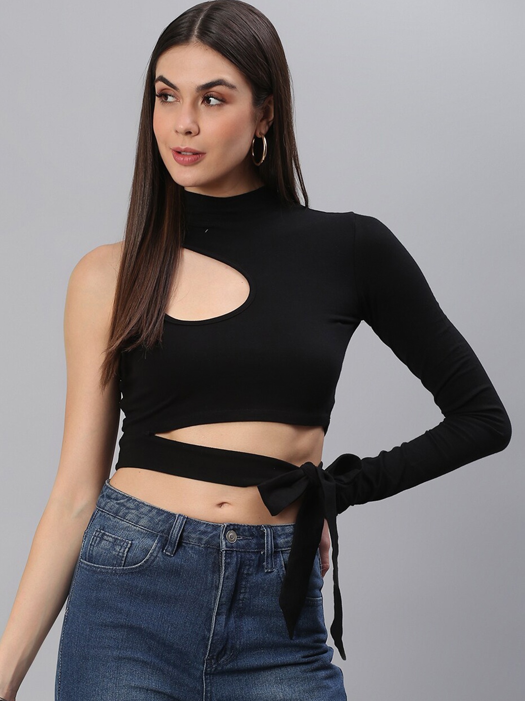 

BAESD High Neck Cut Out Tie Up Fitted Crop Top, Black