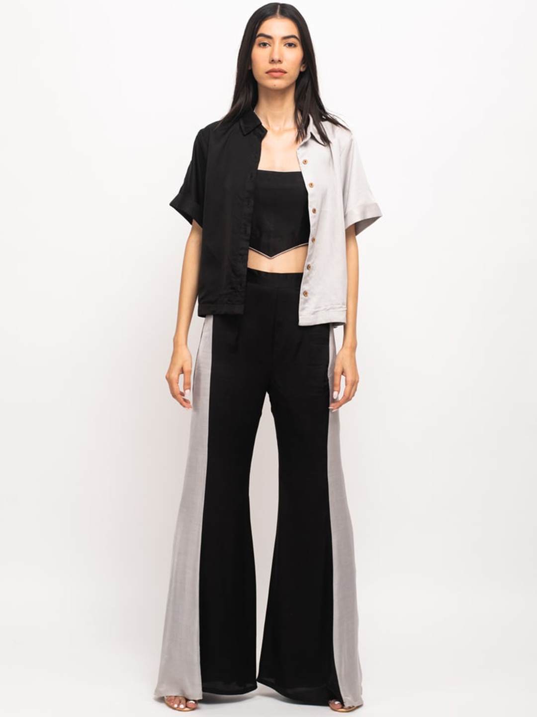 

Neora Colorblocked Shirt with Crop Top & Trouser, Black