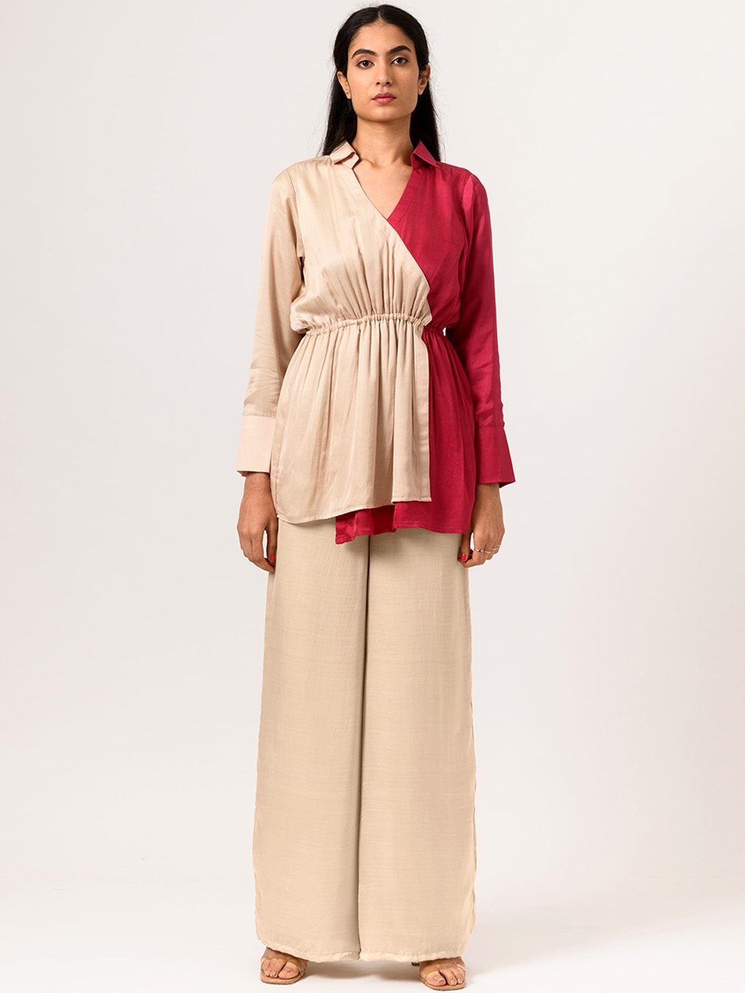 

Neora Colorblocked Shirt Collar Tunic With Palazzos, Red