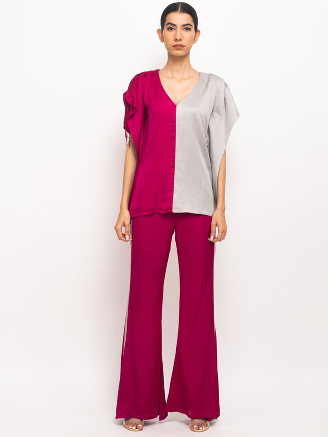 

Neora Colourvlocked V-Neck Top With Palazzos, Maroon