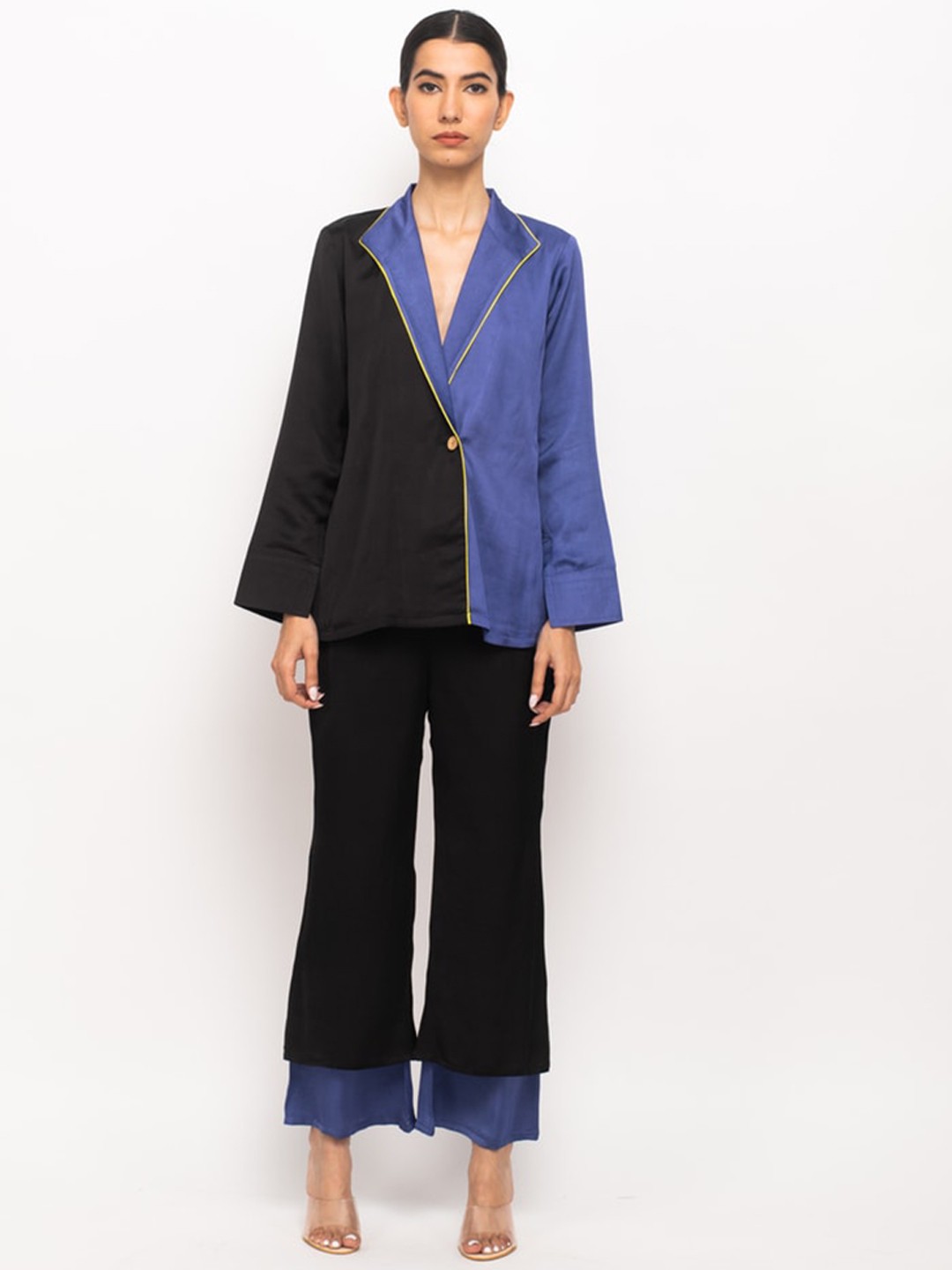 

Neora Colourblocked Shawl Neck Long Sleeve Blazer with Trouser, Blue