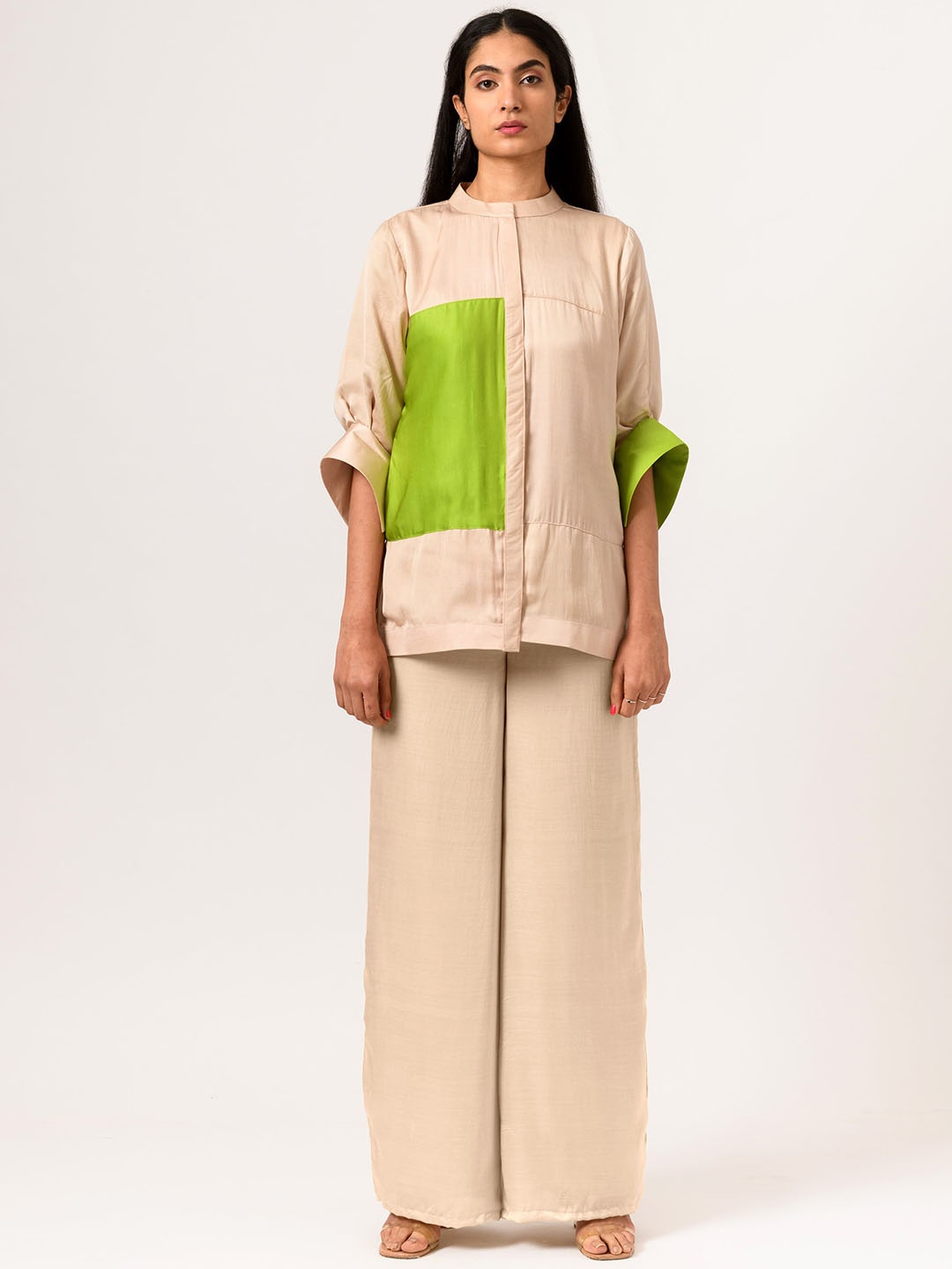 

Neora Colourblocked Mandarin Collar Shirt & Palazzos, Beige