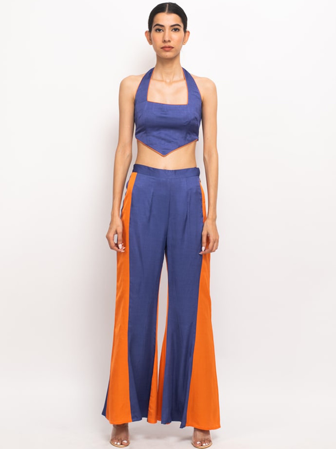 

Neora Halter Neck Sleeveless Top With Flared Palazzos, Blue