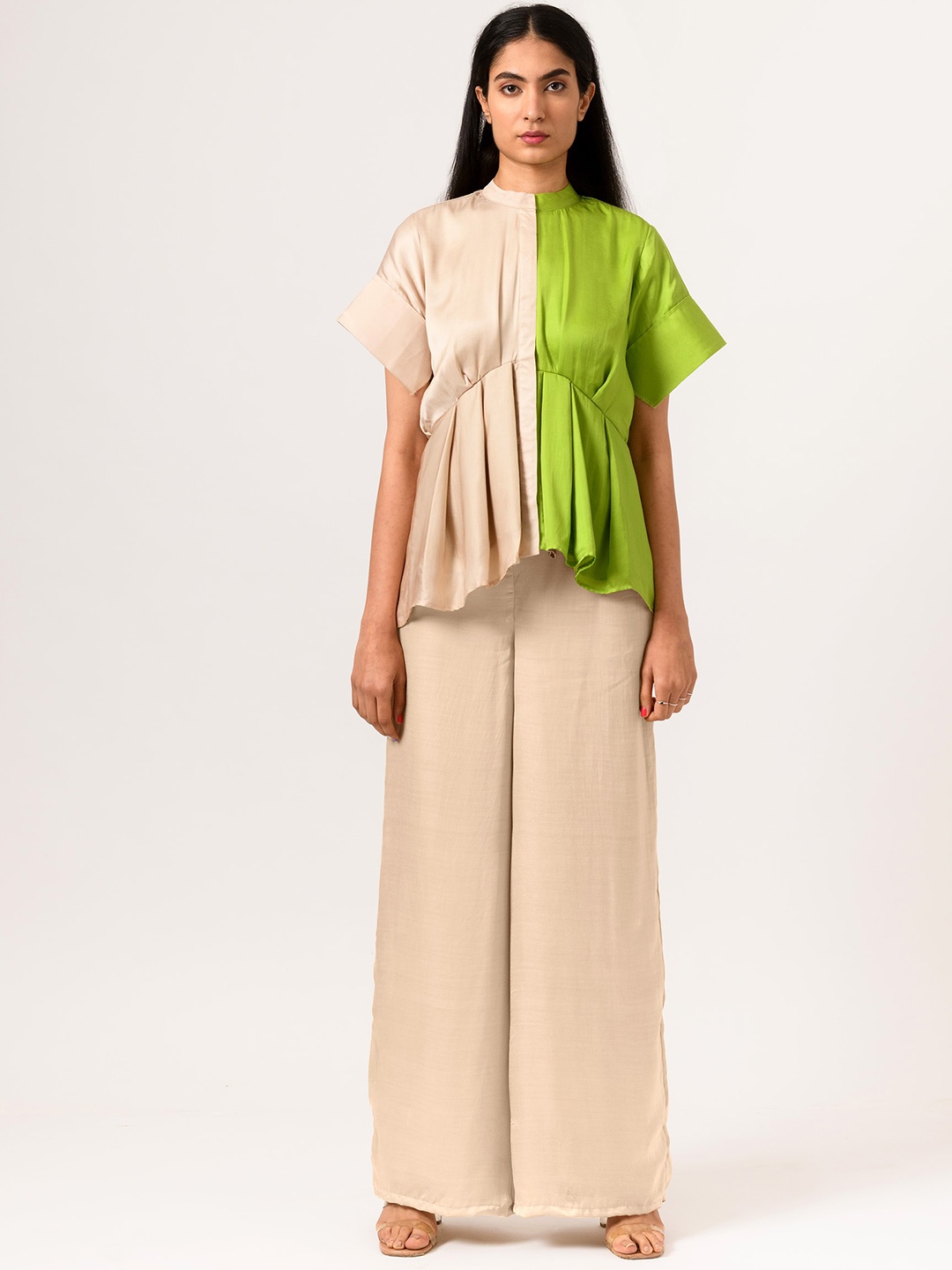 

Neora Colourblocked Mandarin Collar Top With Palazzos, Beige