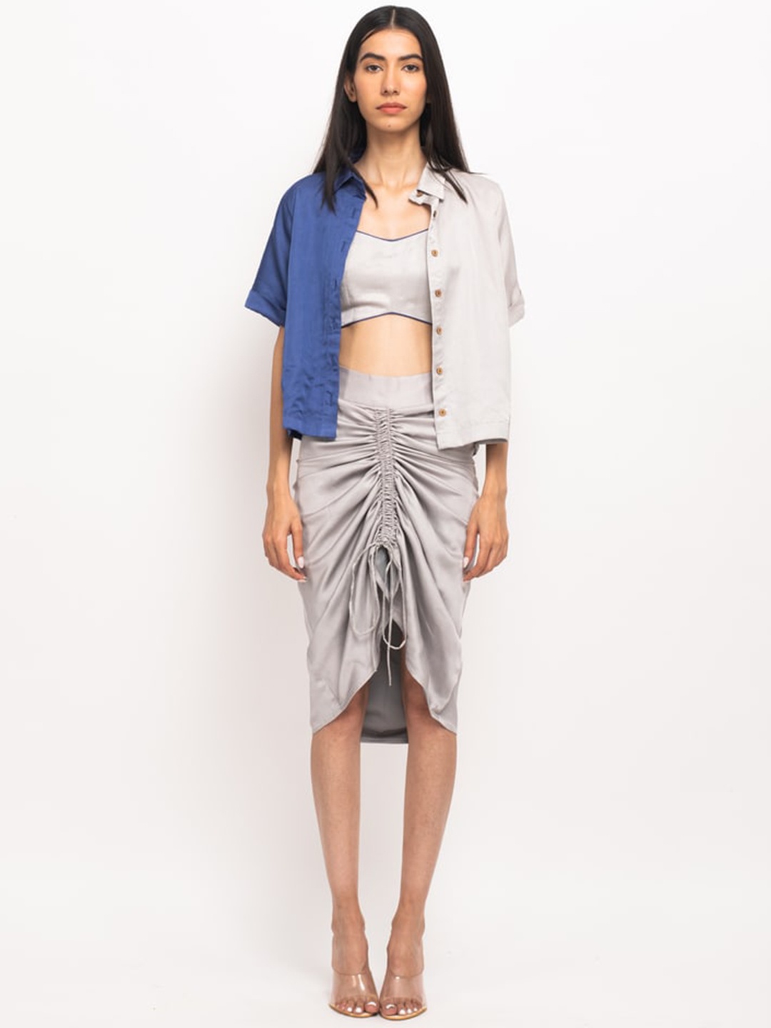 

Neora Colourblocked Top With Flared Skirt & Shirt, Grey