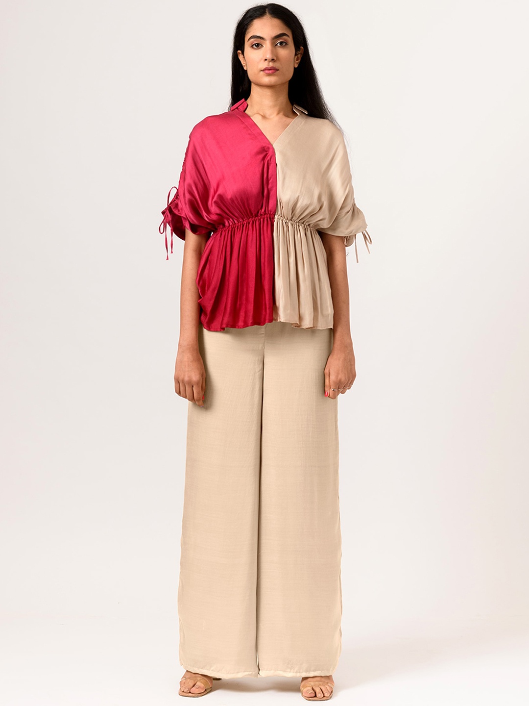 

Neora Colorblocked Shirt Collar Top With Palazzo, Beige