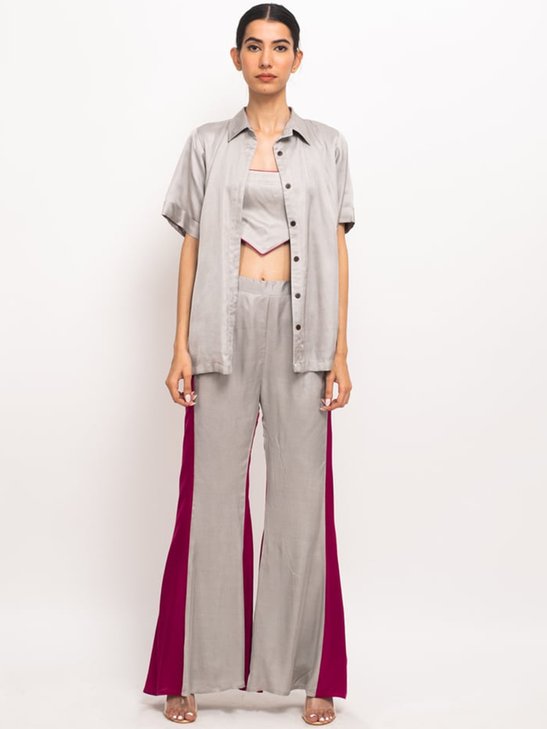 

Neora Contrast Side Detail Crop Top & Shirt With Palazzos, Grey