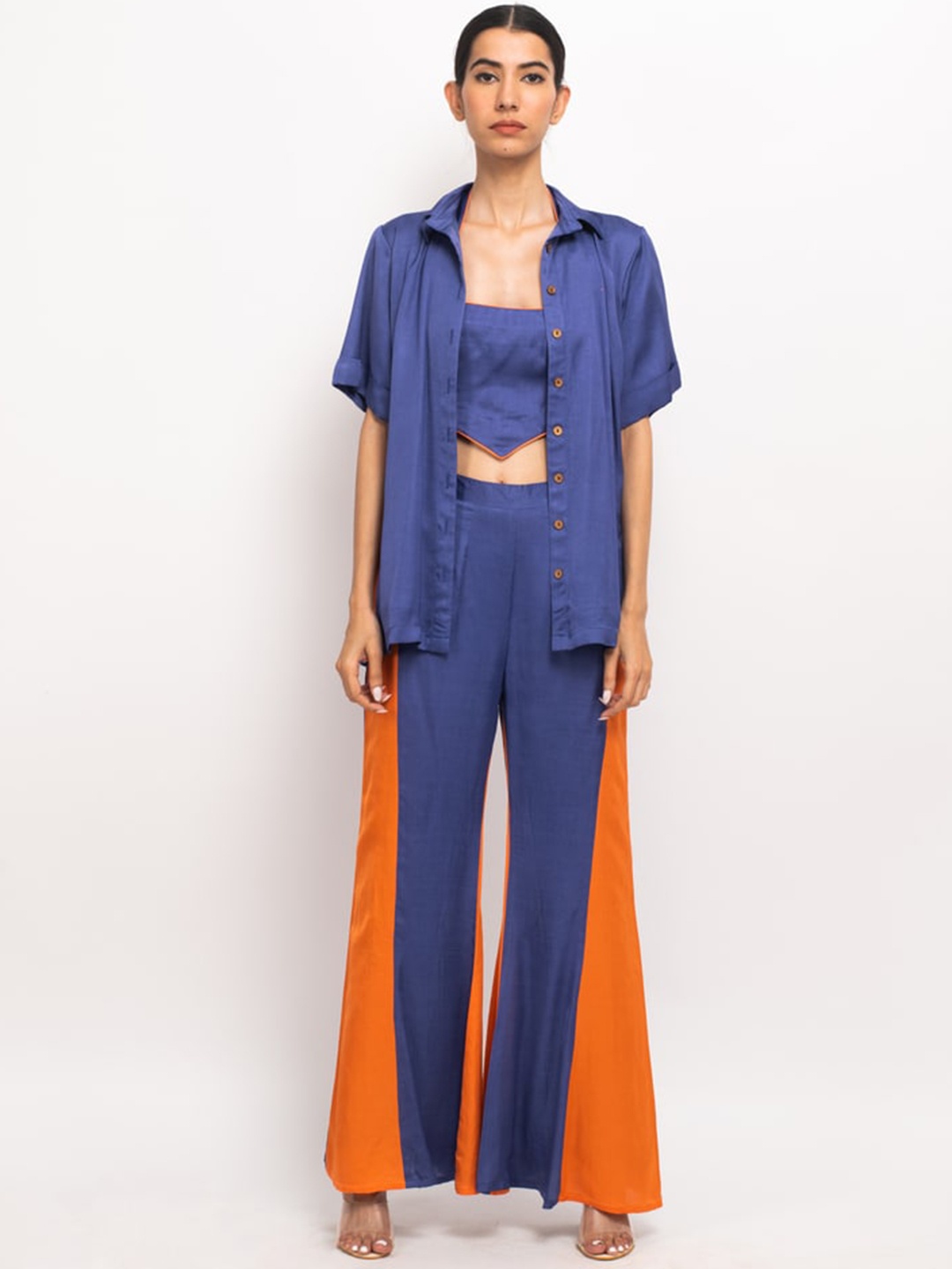 

Neora Colorblocked Shirt Collar Top With Trousers & Shrug, Blue