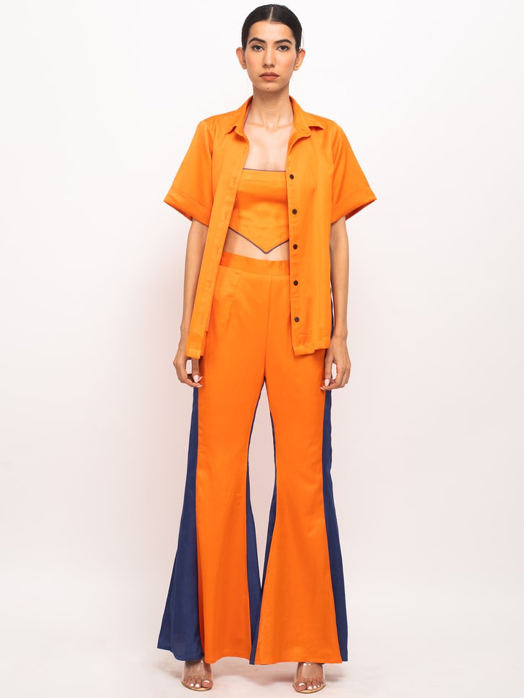 

Neora Spread Collar Top with Flared Palazzo & Shirt, Orange