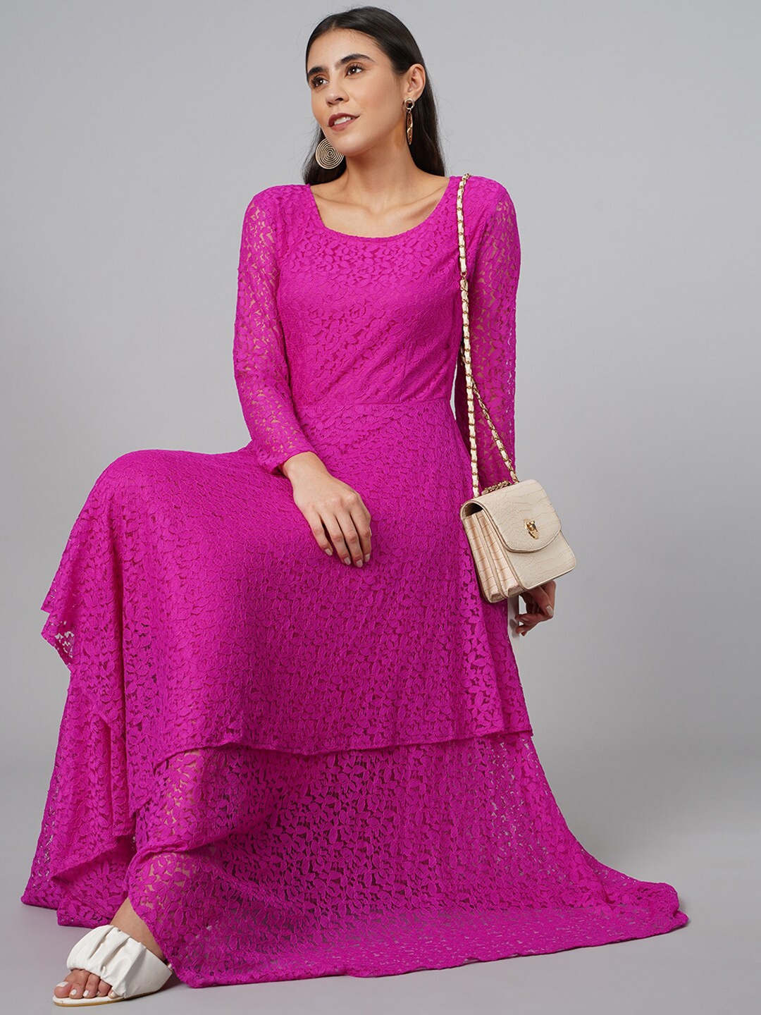 

BAESD Self Design Flared Round Neck Maxi Dress, Fuchsia