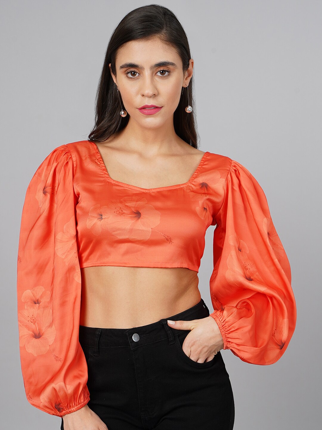 

BAESD Floral Printed Square Neck Puff Sleeves Satin Fitted Crop Top, Orange